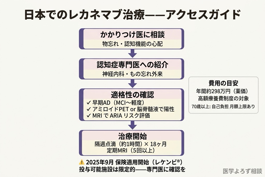 日本でのレカネマブ治療開始までのフローチャート。もの忘れ外来受診からバイオマーカー検査、専門施設紹介、投与開始までの流れ