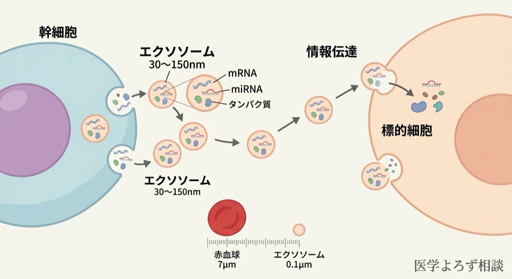 幹細胞からエクソソームが分泌され、標的細胞に情報を届けるプロセスの図解