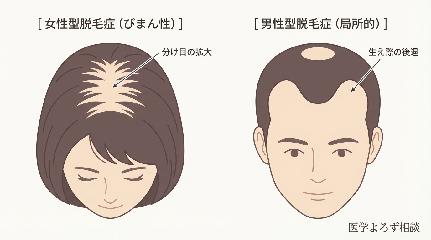 女性型脱毛症と男性型脱毛症の脱毛パターン比較