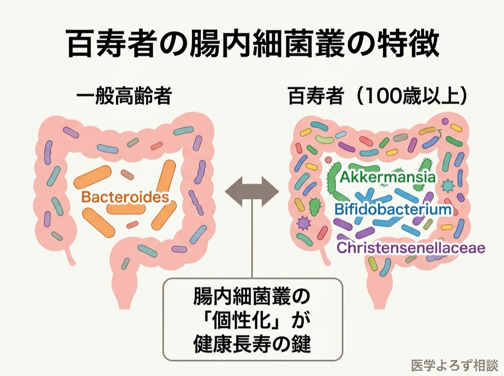 百寿者と一般高齢者の腸内細菌叢の違いを示す比較図。百寿者ではAkkermansia、Bifidobacteriumが豊富で、菌叢の個性化が進んでいる