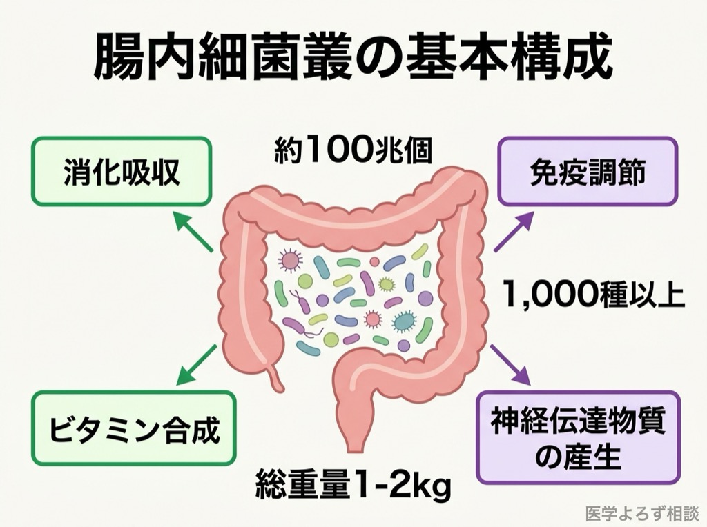 腸内細菌叢の構成と主な機能を示す図。100兆個の細菌が消化吸収、免疫調節、代謝物産生などを担う