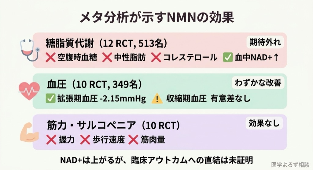 3件のメタ分析結果まとめ：糖脂質代謝は期待外れ、血圧はわずかな改善、筋力は効果なし