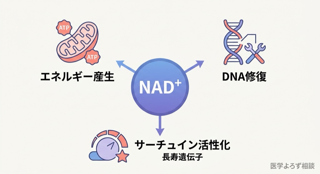 NAD+の3つの役割：エネルギー産生、DNA修復、サーチュイン活性化を示す図解