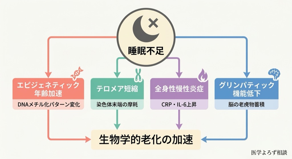 睡眠不足が4つの経路（エピジェネティック年齢加速、テロメア短縮、全身性炎症、グリンパティック機能低下）を通じて生物学的老化を加速するメカニズム図
