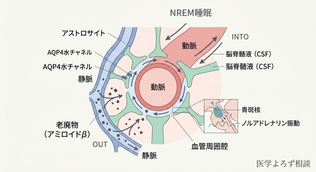 グリンパティック系の仕組みを示す模式図。NREM睡眠中にノルアドレナリン振動が血管運動を駆動し、脳脊髄液が老廃物を洗い流す