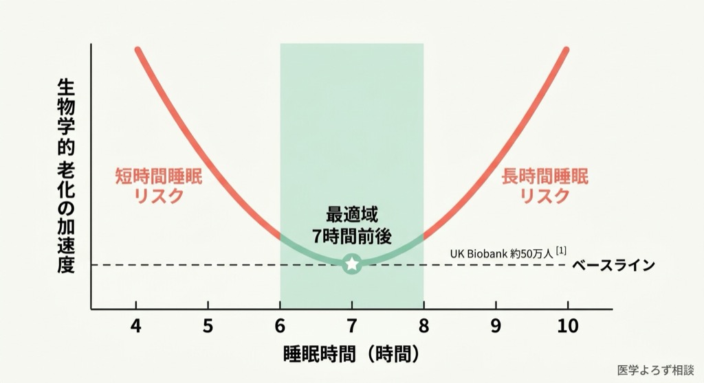 睡眠時間と生物学的老化の関係を示すU字型グラフ。7時間前後が最も老化が遅く、5時間以下と9時間以上で加速